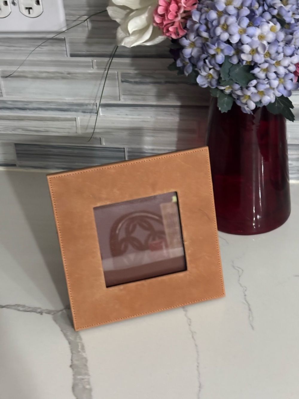 Milano Tan Faux Leather Square Photo Frame 6” Holds 3” picture